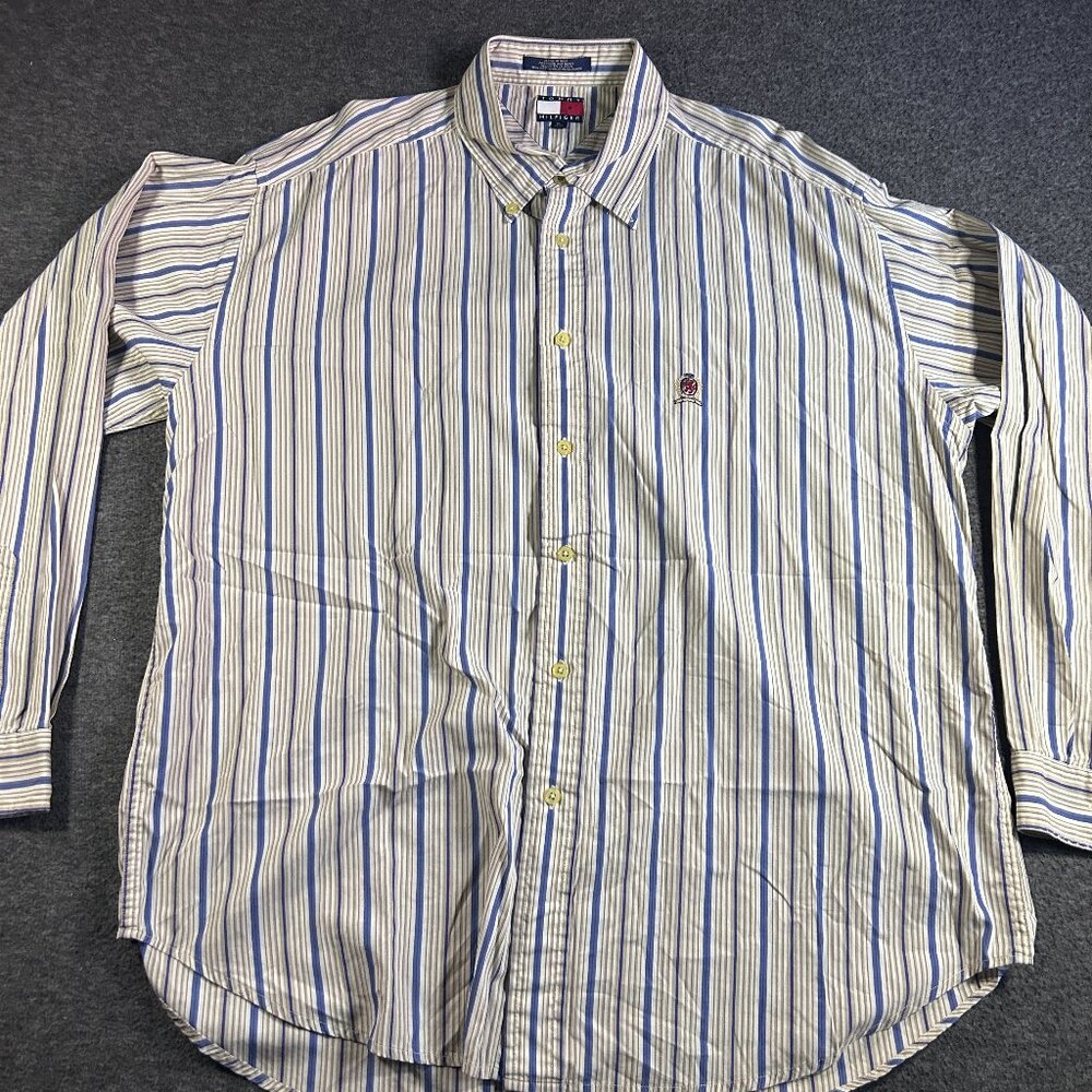 Vintage Tommy Hilfiger Shirt Mens XL Striped Crest Button Up 90s 100% Cotton